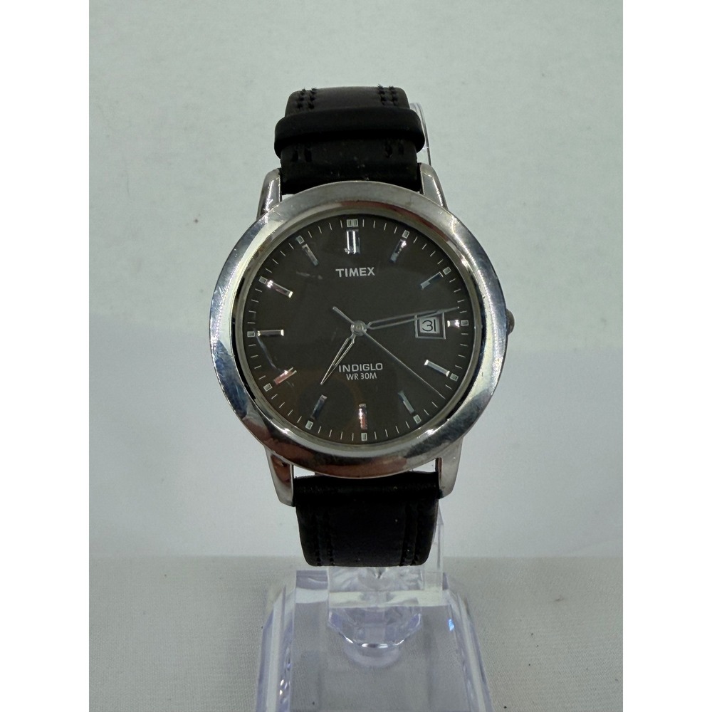 Timex Indiglo Mens Watch Black Dial Silver Bezel Leather Strap Date M5 Working
